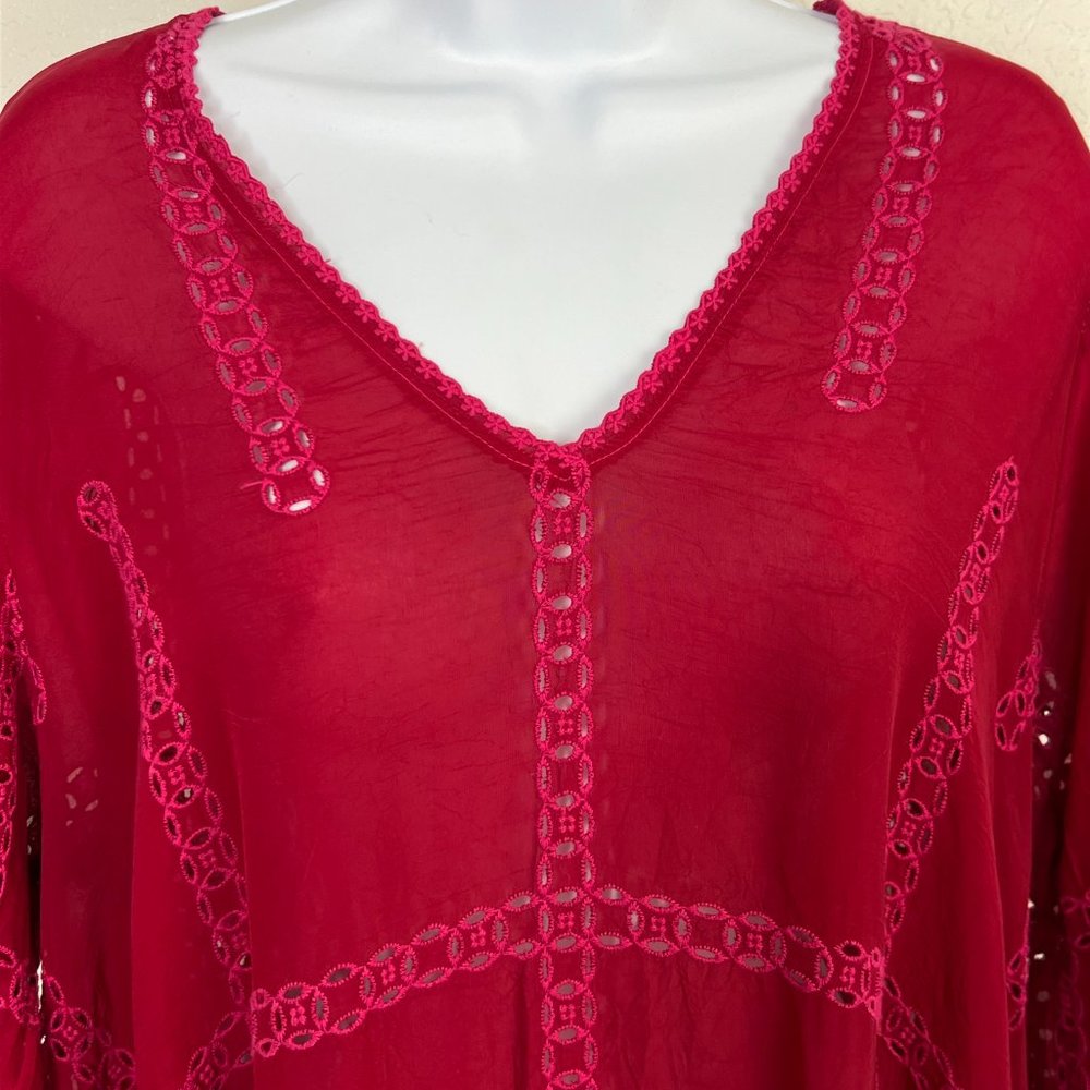 Johnny Was Crimson Blouse fuschia embroidery with Eyelet Trim Long Sleeve Medium - Picture 8 of 16